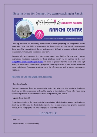 Best Institute for Competitive exam coaching in Ranchi