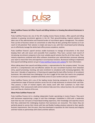 Pulse Cashflow Finance Ltd Offers Payroll and Billing Solutions to Growing Recruitment Businesses in the UK