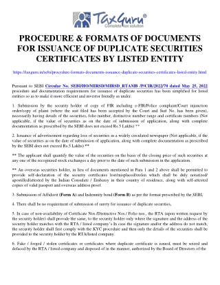 Procedure & formats of documents for issuance of duplicate securities certificat