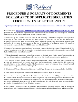 Procedure & formats of documents for issuance of duplicate securities certificat