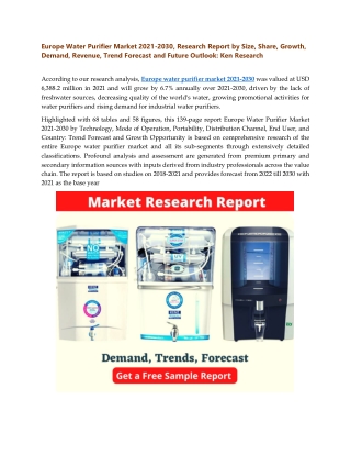 Europe Water Purifier Market 2021-2030, Research Report by Size, Share, Growth,