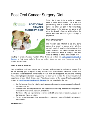 Post Oral Cancer Surgery Diet