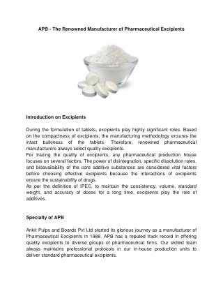 APB - The Renowned Manufacturer of Pharmaceutical Excipients