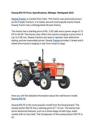 Swaraj 855 FE Price, Specifications, Mileage- Khetigaadi 2022