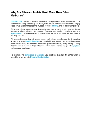 Why Are Etizolam Tablets Used More Than Other Medicines