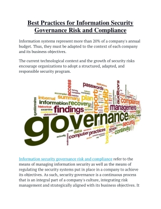 Best Practices for Information Security Governance Risk and Compliance