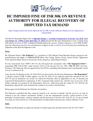 HC Imposed fine of INR 50K on Revenue Authority for illegal recovery of disputed