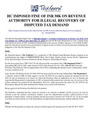 HC Imposed fine of INR 50K on Revenue Authority for illegal recovery of disputed