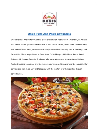 $5 Off - Oasis Pizza And Pasta Menu Cowandilla, SA