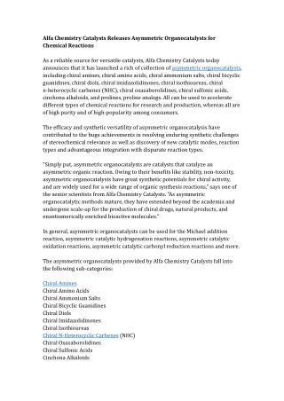 Alfa Chemistry Catalysts Releases Asymmetric Organocatalysts for Chemical Reactions