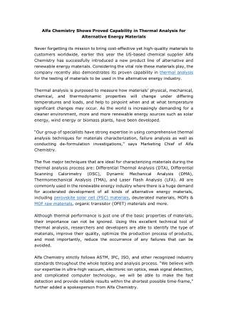 Alfa Chemistry Shows Proved Capability in Thermal Analysis for Alternative Energy Materials