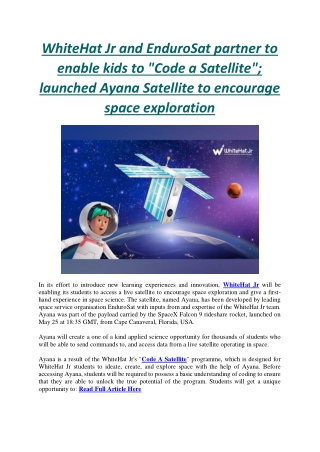 WhiteHat Jr and EnduroSat partner to enable kids to Code a Satellite; launched Ayana Satellite to encourage space explor