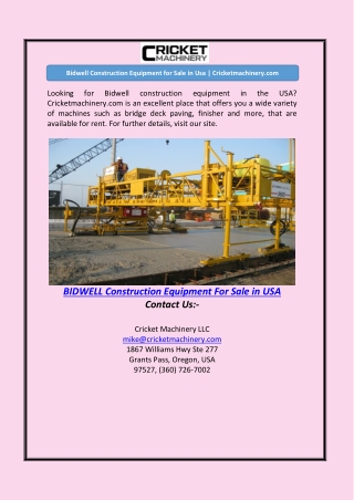 Bidwell Construction Equipment for Sale in Usa | Cricketmachinery.com