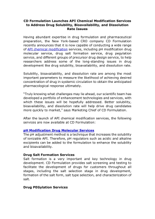 CD Formulation Launches API Chemical Modification Services to Address Drug Solubility, Bioavailability, and Dissolution