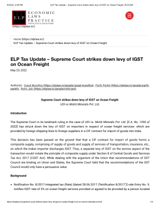 ELP Tax Update – Supreme Court strikes down levy of IGST on Ocean Freight - ELPLAW