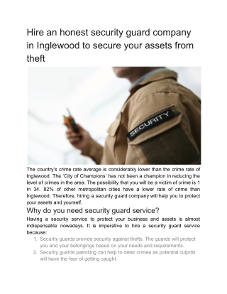 Hire an honest security guard company in Inglewood to secure your assets from theft