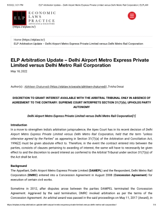 ELP Arbitration Update - Delhi Airport Metro Express Private Limited versus DMRC