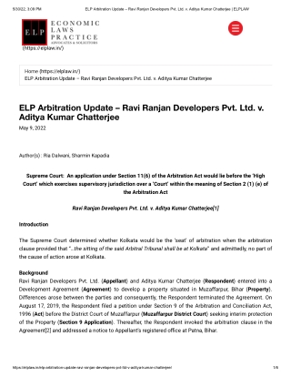 ELP Arbitration Update – Ravi Ranjan Developers Pvt. Ltd. v. Aditya Kumar Chatterjee - ELPLAW