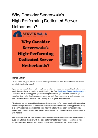 Why Consider Serverwala's High-Performing Dedicated Server Netherlands