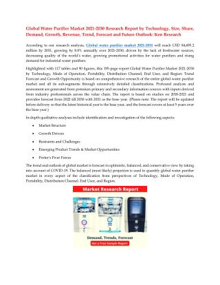 Global Water Purifier Market 2021-2030 Research Report by Technology, Size