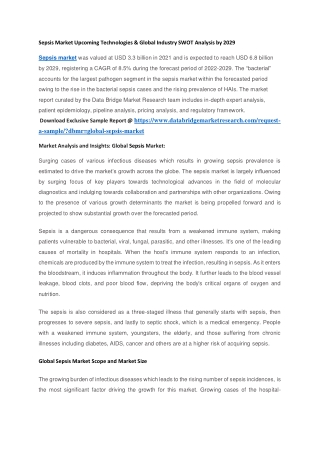 Sepsis Market Upcoming Technologies & Global Industry SWOT Analysis by 2029