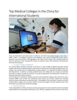 Top Medical Colleges in the China for International Students