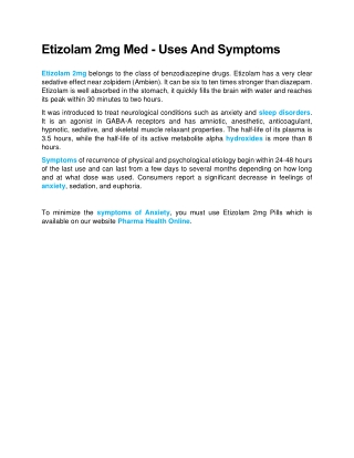 Etizolam 2mg Med - Uses And Symptoms