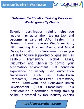 Selenium Certification Training Course in Washington - Syssigma