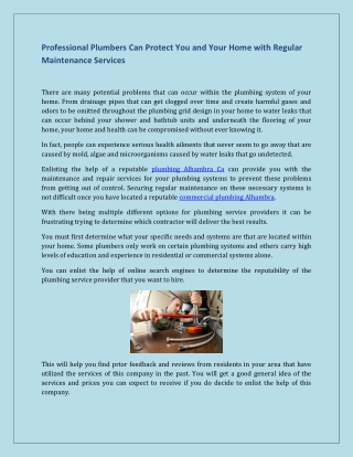 Professional Plumbers Can Protect You and Your Home with Regular Maintenance Services