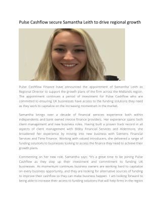 Pulse Cashflow secure Samantha Leith to drive regional growth
