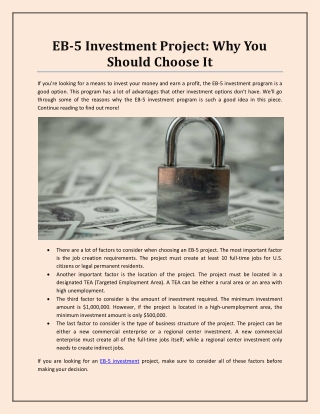 EB-5 Investment Project: Why You Should Choose It