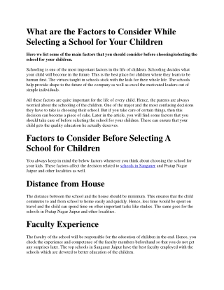 What are the Factors to Consider While Selecting a School for Your Children