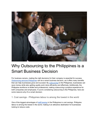 Why Outsourcing to the Philippines is a Smart Business Decision