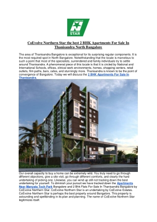 Coevolve Northern Star the best 2 BHK Apartments For Sale In Thanisandra North Bangalore