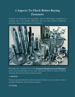 5 Aspects To Check Before Buying Fasteners