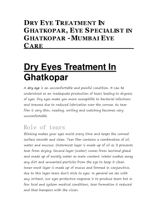 Dry eye Treatment In Ghatkopar, Eye Specialist in Ghatkopar - Mumbai Eye Care