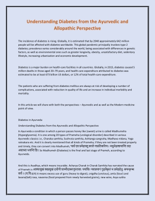 Understanding Diabetes from the Ayurvedic and Allopathic Perspective