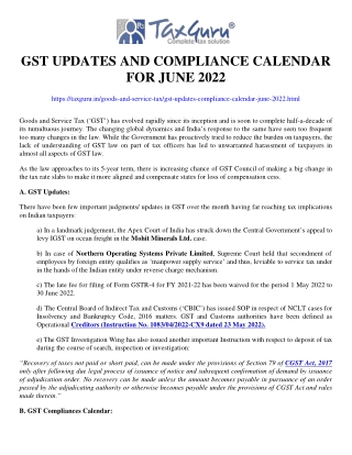 GST updates and compliance calendar for June 2022