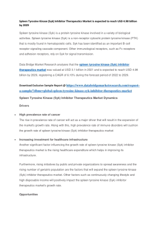 Spleen Tyrosine Kinase (Syk) Inhibitor Therapeutics Market is expected to reach USD 4.98 billion by 2029
