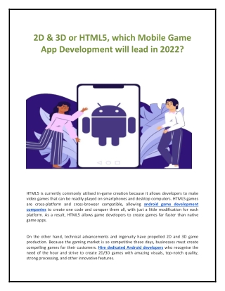 2D & 3D or HTML5, which Mobile Game App Development will lead in 2022