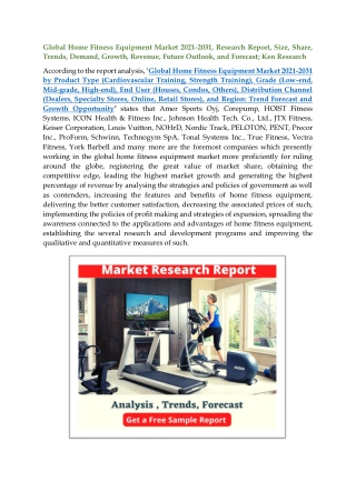 Global Home Fitness Equipment Market Future Outlook: Ken Research
