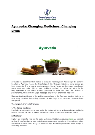 Ayurveda Changing Medicines, Changing Lives