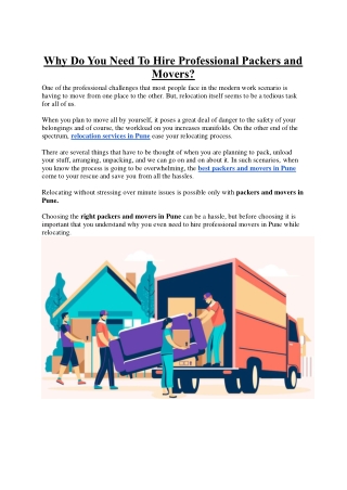 Why Do You Need To Hire Professional Packers and Movers