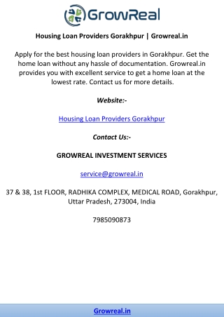 Housing Loan Providers Gorakhpur | Growreal.in