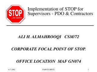 Implementation of STOP for Supervisors - PDO & Contractors