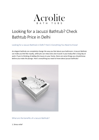 Looking for a Jacuzzi Bathtub? Check Bathtub Price in Delhi