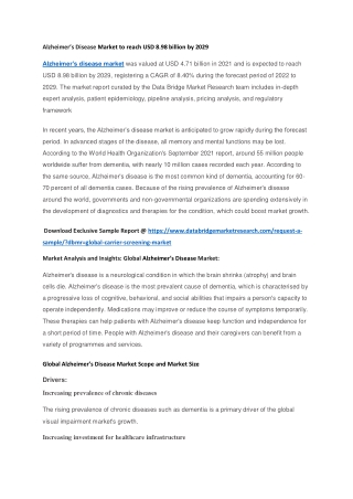 Alzheimer’s Disease Market to reach USD 8.98 billion by 2029