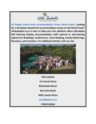 20 Sleeper Beach Front Accommodation Venue North Coast | Villaisabella.co.za