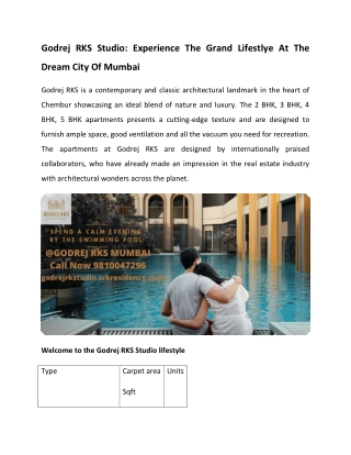 Godrej Rks Studio - Experience The Grand Luxury At The Dream City Of Mumbai