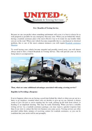 Few  Benefits of Towing Service